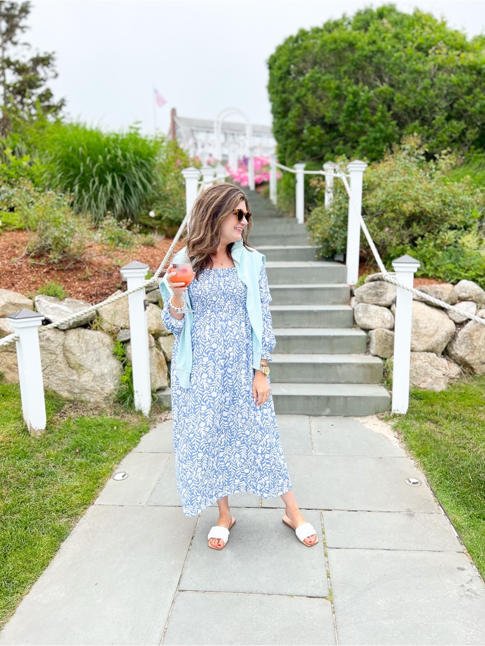 Sail to Sable Blue and White Leaf-Print Maxi Dress